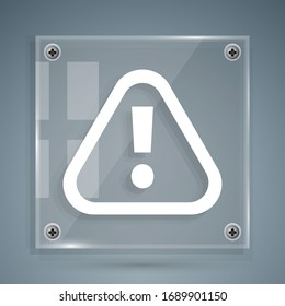 White Exclamation mark in triangle icon isolated on grey background. Hazard warning sign, careful, attention, danger warning important. Square glass panels. Vector Illustration