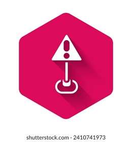 White Exclamation mark in triangle icon isolated with long shadow background. Hazard warning sign, careful, attention, danger warning important sign. Pink hexagon button. Vector