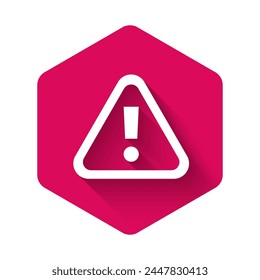 White Exclamation mark in triangle icon isolated with long shadow. Hazard warning sign, careful, attention, danger warning sign. Pink hexagon button. Vector