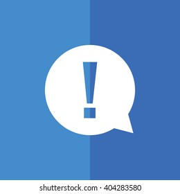 White exclamation mark vector icon. Blue background