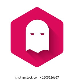 White Executioner mask icon isolated with long shadow. Hangman, torturer, executor, tormentor, butcher, headsman icon. Pink hexagon button. Vector Illustration