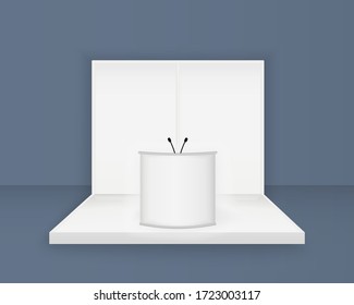 White exhibition stand, 3d blank booth template with lighting, with spotlights Front view Presentation event room display Vector isolated 