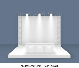 White exhibition stand, 3d blank booth template with lighting, with spotlights Front view Presentation event room display Vector isolated 