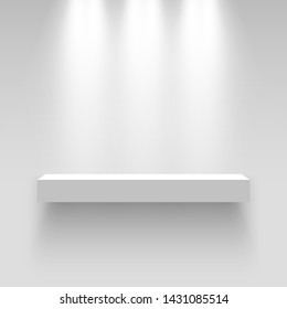 White exhibition stand, illuminated by spotlights. Pedestal. Shelf. Vector illustration.