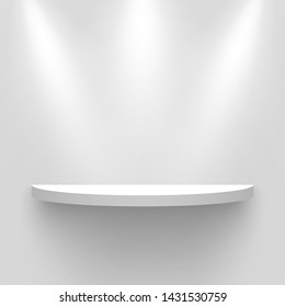 White exhibition stand, illuminated by spotlights. Round pedestal with shadow. Shelf. Vector illustration.