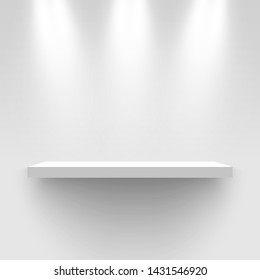 White exhibition stand, illuminated by spotlights. Pedestal. Rectangular shelf. Vector illustration.