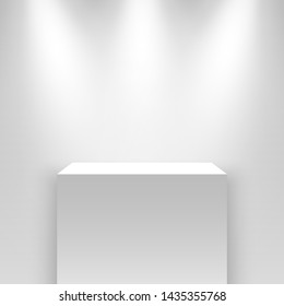 White exhibition stand, illuminated by spotlights. Pedestal. Vector illustration.