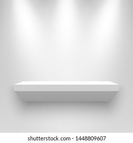 White exhibition stand, illuminated by spotlights. Pedestal. Shelf. Vector illustration.