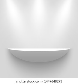 White exhibition stand, illuminated by spotlights. Shelf. Vector illustration.