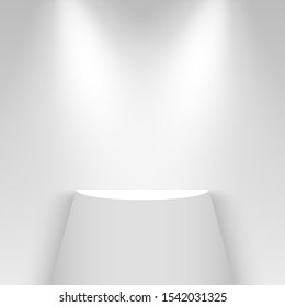 White exhibition stand, illuminated by spotlights. Shelf. Pedestal. Vector illustration.