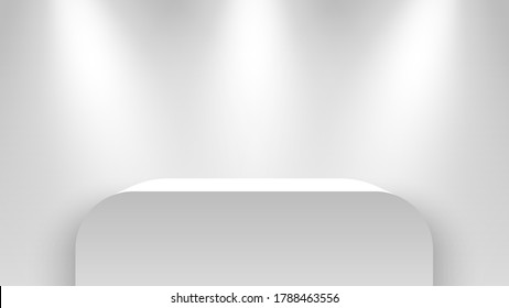 White exhibition stand, illuminated by spotlights. Pedestal. Vector illustration.