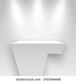 White exhibition stand, illuminated by spotlights. Podium. Pedestal. Vector illustration.