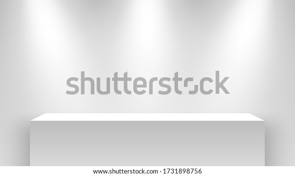 White exhibition stand, illuminated by
spotlights. Pedestal. Vector
illustration.