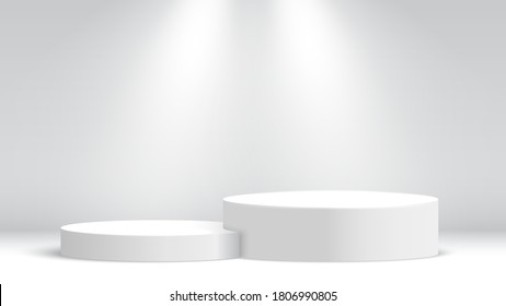 White exhibition stand. Podium and spotlights. Stage for awards ceremony. Pedestal. Vector illustration.