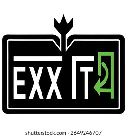 Un panneau de sortie blanc avec des lettres noires et une flèche verte indiquant la direction. Le signe a une bordure noire et une forme de couronne noire stylisée au-dessus du texte.