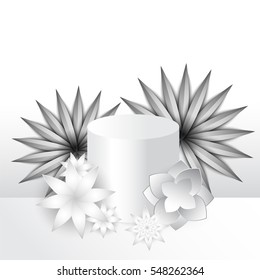 White exotic beautiful composition paper cut flowers and presentation podium