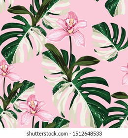 White exotic monstera leaves and  orchid flowers seamless pattern on pink background.