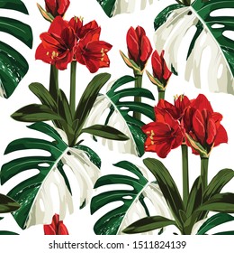 White exotic monstera leaves and red amarilis flowers seamless pattern.