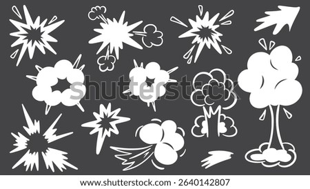 White explosion clouds on black background set. Hand drawn bomb explosion effects. Comic bubbles doodle sketch style, vector elements