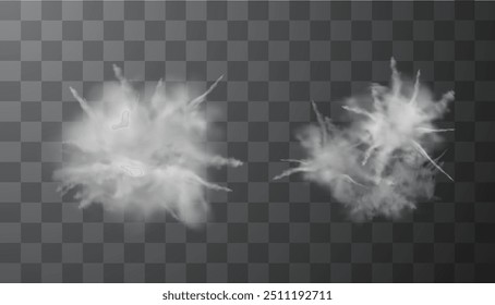 White explosion of dust or powder on an isolated transparent background. Vector set of two illustrations depicting a dusty explosion with realistic smoke effects for design.