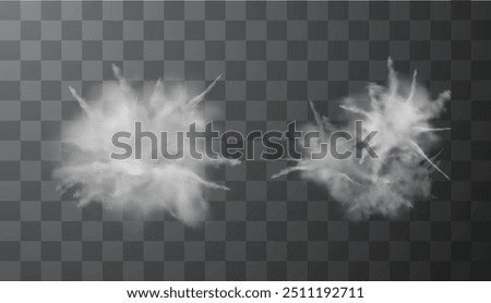 White explosion of dust or powder on an isolated transparent background. Vector set of two illustrations depicting a dusty explosion with realistic smoke effects for design.