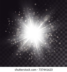 White explosion with light effects. Particles, sparkles, flares on dark transparent background.