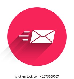 White Express Umschlag Symbol einzeln auf langen Schatten. E-Mail-Nachrichtenbriefsymbol. Roter Kreis-Knopf. Vektorillustration-Illustration