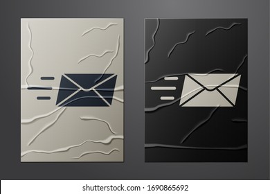 White Express envelope icon isolated on crumpled paper background. Email message letter symbol. Paper art style. Vector Illustration