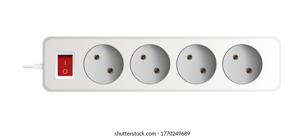 Cable de extensión blanco con cuatro zócalos. Toma de corriente portátil. Vector de estilo realista.