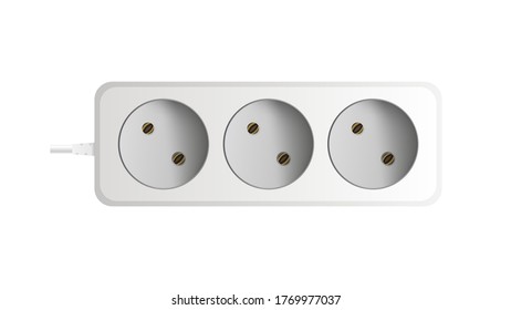 White extension cord with three outlets. Portable power socket. Realistic style Vector.