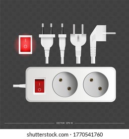 Cable de extensión blanco con dos tomas. Toma portátil. Estilo realista. Vector.