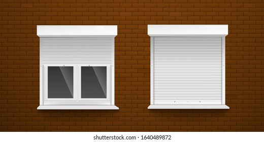 White exterior window blinds on outside brick wall - two realistic windows with half open and closed blind shutters. Vector illustration of home facade.