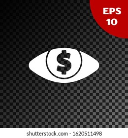White Eye with dollar icon isolated on transparent dark background.  Vector Illustration