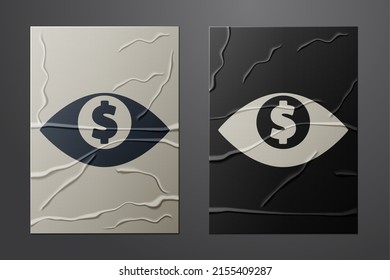 Weißes Auge mit Dollarsymbol einzeln auf zerbrochenem Papierhintergrund. Kunststil aus Papier. Vektorgrafik