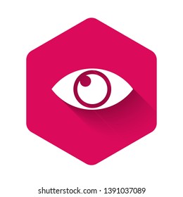 White Eye icon isolated with long shadow. Pink hexagon button. Vector Illustration