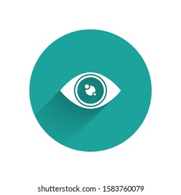 White Eye icon isolated with long shadow. Green circle button. Vector Illustration