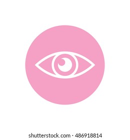 White eye icon vector. Pink button. Pink circle