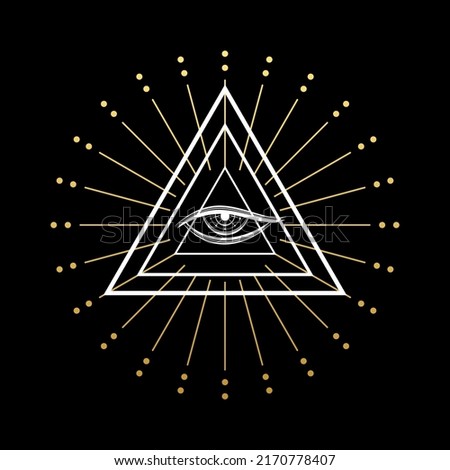White eye of Providence , All seeing eye of god in triangle with golden light ray mysterious magic tattoo on black background boho icon flat vector design.
