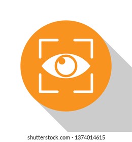 White Eye scan icon isolated on white background. Scanning eye. Security check symbol. Cyber eye sign. Orange circle button. Vector Illustration