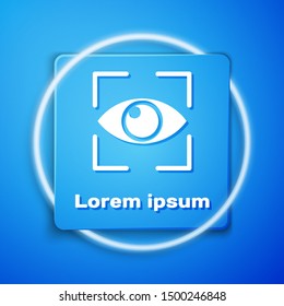 White Eye scan icon isolated on blue background. Scanning eye. Security check symbol. Cyber eye sign. Blue square button. Vector Illustration