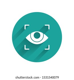 White Eye scan icon isolated with long shadow. Scanning eye. Security check symbol. Cyber eye sign. Green circle button. Vector Illustration