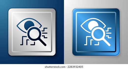 Icono de exploración de ojos blancos aislado en fondo azul y gris. Exploración retiniana. Escaneando el ojo. Símbolo de comprobación de seguridad. Signo de ciberojo. Botón cuadrado plateado y azul. Vector