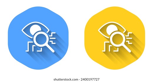 White Eye scan icon isolated with long shadow background. Retinal scan. Scanning eye. Security check symbol. Cyber eye sign. Circle button. Vector