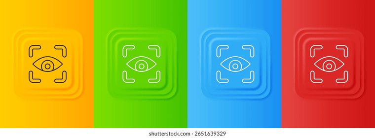 Icono de escaneo de ojo blanco aislado sobre fondo colorido. Escaneando el ojo. Símbolo de control de seguridad. Signo cibernético del ojo. Establecer íconos en Botones cuadrados. Vector
