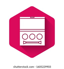 White Eye shadow palette with brush icon isolated with long shadow. Pink hexagon button. Vector Illustration
