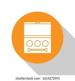 White Eye shadow palette with brush icon isolated on white background. Orange circle button. Vector Illustration