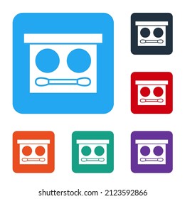 White Eye shadow palette with brush icon isolated on white background. Set icons in color square buttons. Vector