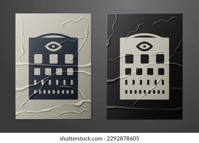 White Eye test chart icon isolated on crumpled paper background. Poster for vision testing in ophthalmic study. Snellen chart. Paper art style. Vector