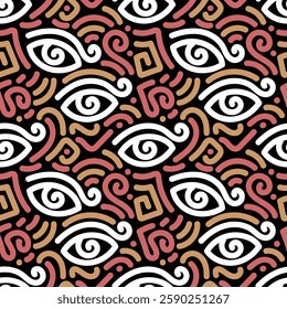 White eyes and orange-red doodle in seamless pattern. Simple doodle design.