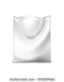 White fabric bag. Blank gift or shopping package with handles from soft textile vector illustration. One realistic commercial store bag mock up isolated on white background.